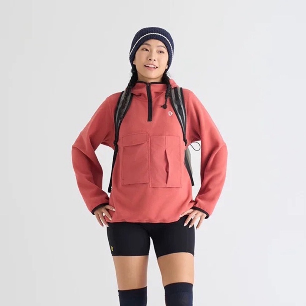 AnKoRau Tech Fleece Anorak Pullover Hoodie Mid-Layer Quarter Zip Thumbhole Coral
